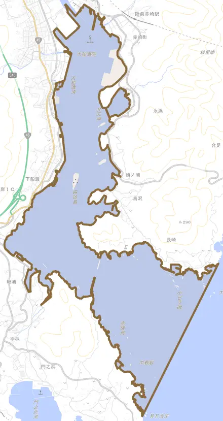 大船渡町とその周辺の地図。町の範囲を重ねている