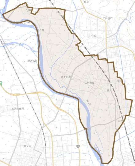 江刺愛宕とその周辺の地図。町の範囲を重ねている