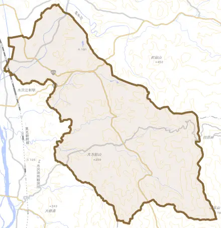 江刺田原とその周辺の地図。町の範囲を重ねている