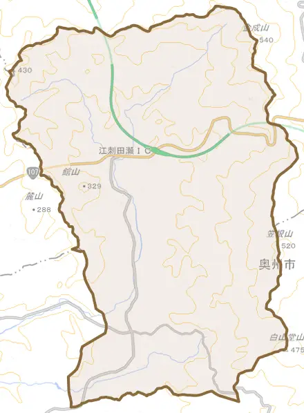 江刺梁川とその周辺の地図。町の範囲を重ねている