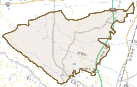 胆沢小山とその周辺の地図。町の範囲を重ねている