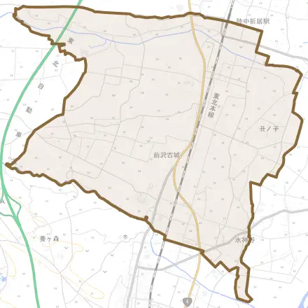前沢古城とその周辺の地図。町の範囲を重ねている