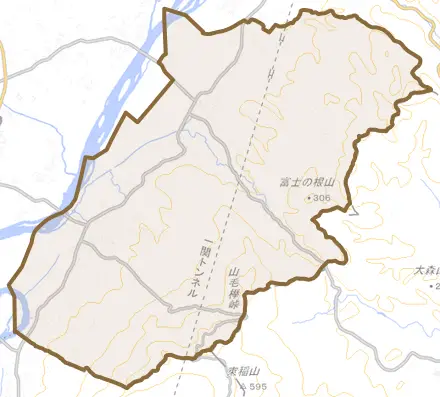 前沢生母とその周辺の地図。町の範囲を重ねている