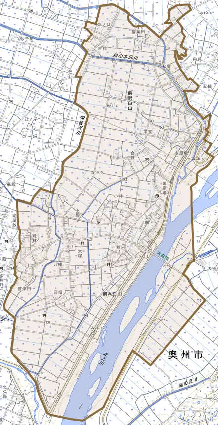 前沢白山とその周辺の地図。町の範囲を重ねている