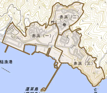 赤浜とその周辺の地図。町の範囲を重ねている