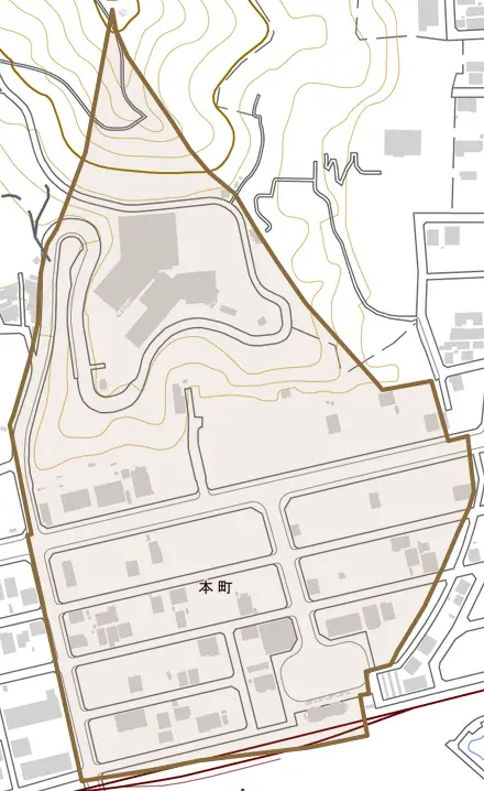 本町とその周辺の地図。町の範囲を重ねている
