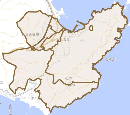 吉里吉里とその周辺の地図。町の範囲を重ねている