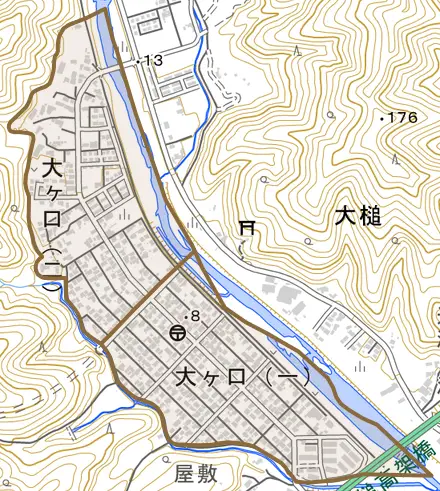 大ケ口とその周辺の地図。町の範囲を重ねている