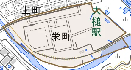 栄町とその周辺の地図。町の範囲を重ねている