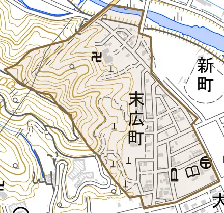 末広町とその周辺の地図。町の範囲を重ねている