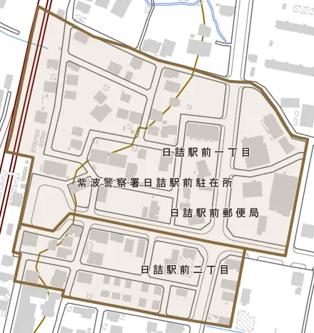 日詰駅前とその周辺の地図。町の範囲を重ねている