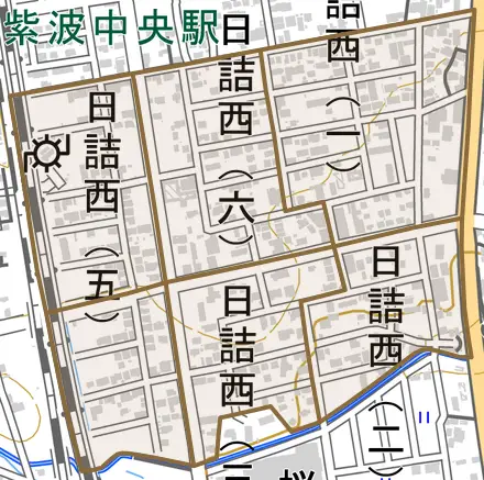 日詰西とその周辺の地図。町の範囲を重ねている
