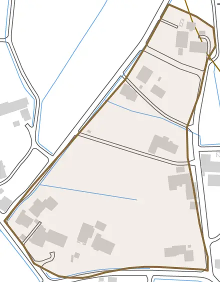 北田とその周辺の地図。町の範囲を重ねている