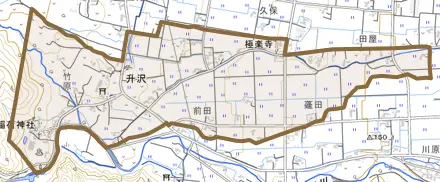 升沢とその周辺の地図。町の範囲を重ねている