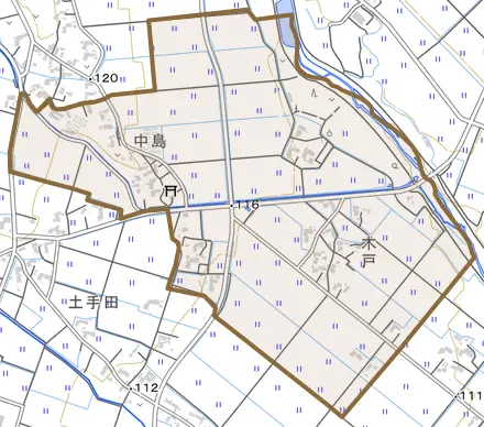 中島とその周辺の地図。町の範囲を重ねている