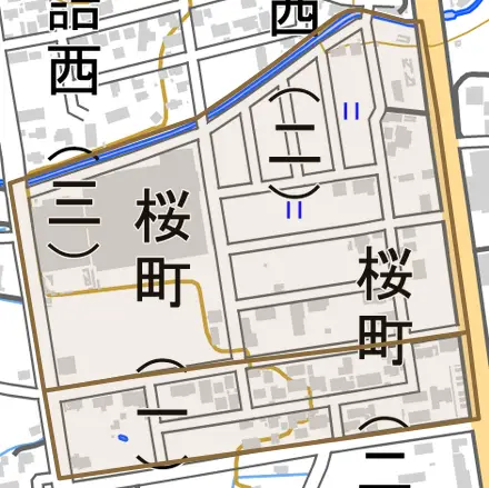 桜町とその周辺の地図。町の範囲を重ねている