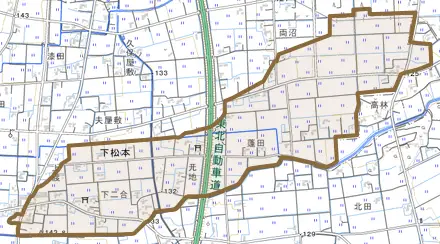 下松本とその周辺の地図。町の範囲を重ねている