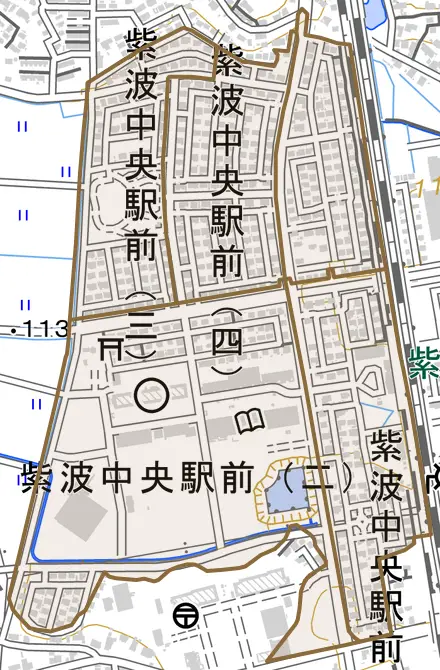 紫波中央駅前とその周辺の地図。町の範囲を重ねている