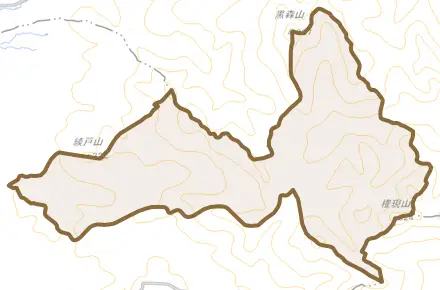 山屋とその周辺の地図。町の範囲を重ねている
