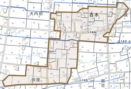 吉水とその周辺の地図。町の範囲を重ねている