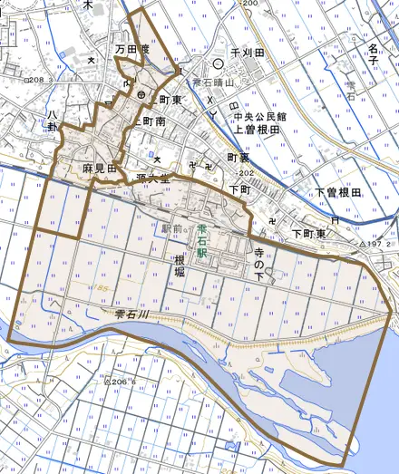源大堂とその周辺の地図。町の範囲を重ねている