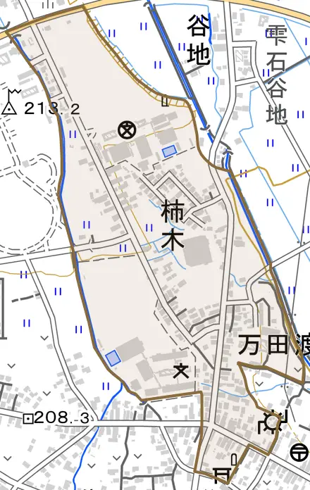 上町東とその周辺の地図。町の範囲を重ねている