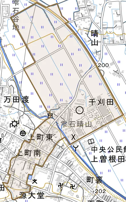 万田渡とその周辺の地図。町の範囲を重ねている