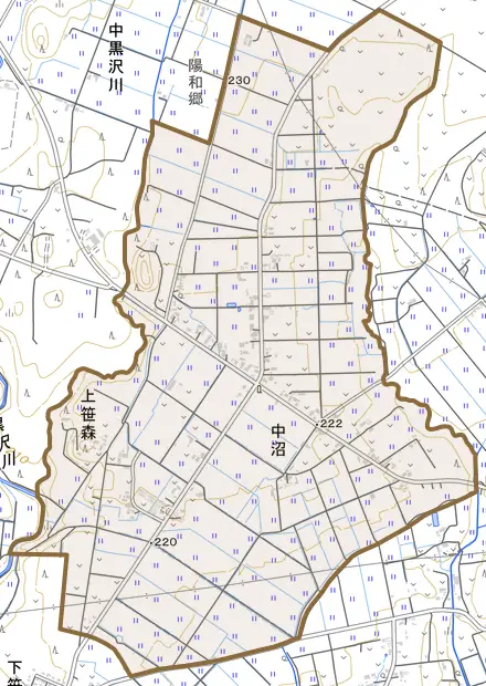 中沼とその周辺の地図。町の範囲を重ねている