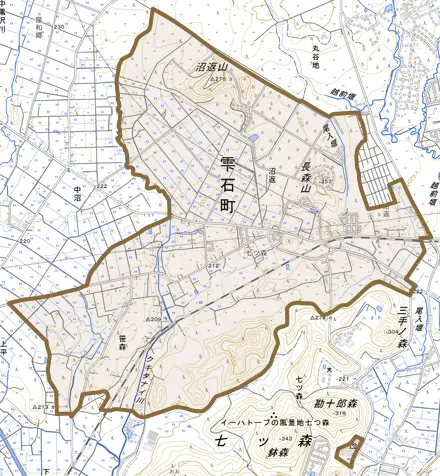 七ツ森とその周辺の地図。町の範囲を重ねている