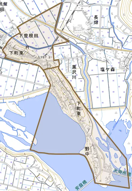 下町東とその周辺の地図。町の範囲を重ねている