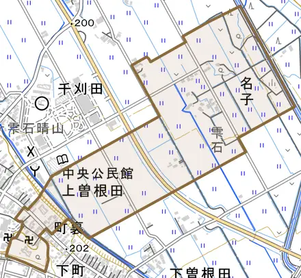 下町西とその周辺の地図。町の範囲を重ねている