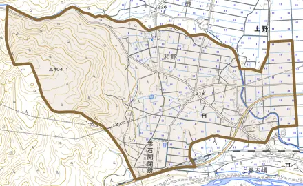 上野沢口とその周辺の地図。町の範囲を重ねている