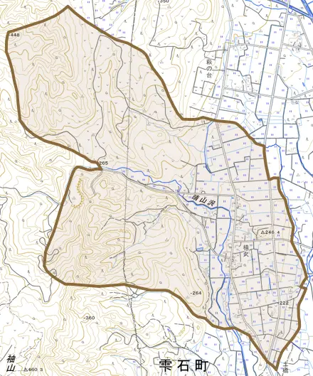 上野横欠とその周辺の地図。町の範囲を重ねている