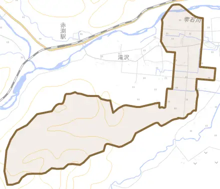 御明神一本木平とその周辺の地図。町の範囲を重ねている