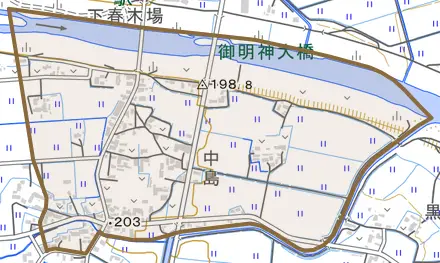 御明神干泥とその周辺の地図。町の範囲を重ねている