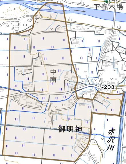 御明神高八卦とその周辺の地図。町の範囲を重ねている