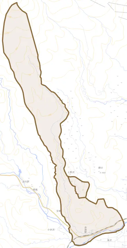 御明神山津田とその周辺の地図。町の範囲を重ねている