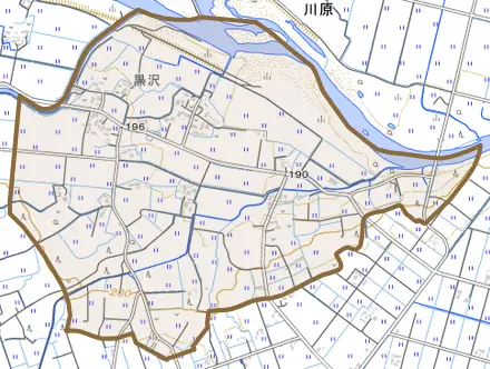 御明神上黒沢とその周辺の地図。町の範囲を重ねている