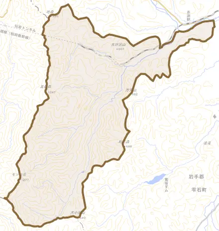 御明神滝沢とその周辺の地図。町の範囲を重ねている