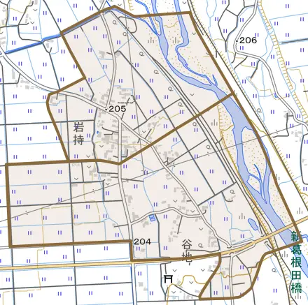 上野岩持とその周辺の地図。町の範囲を重ねている