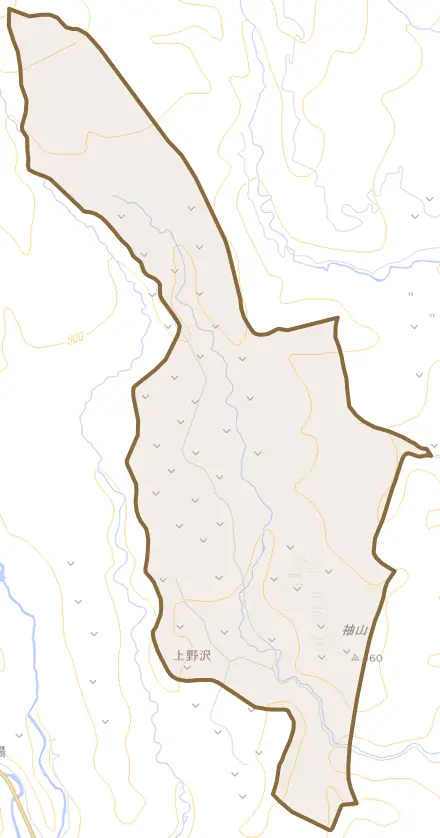 上野松嶺とその周辺の地図。町の範囲を重ねている