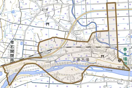 上野上野沢とその周辺の地図。町の範囲を重ねている