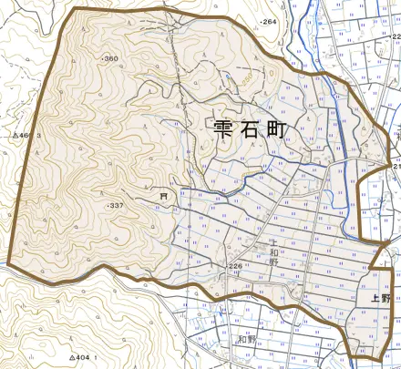 上野上和野とその周辺の地図。町の範囲を重ねている