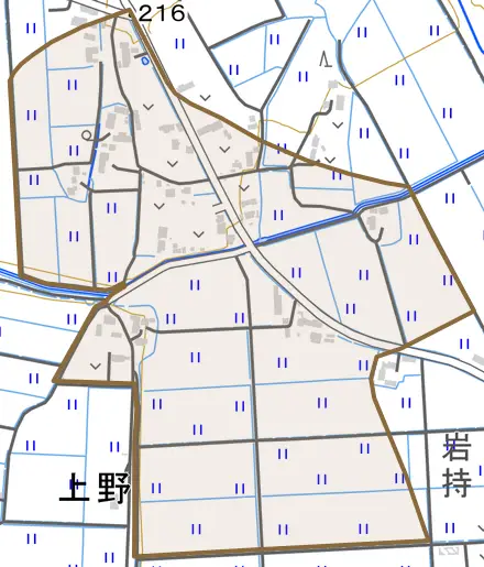 上野土橋とその周辺の地図。町の範囲を重ねている