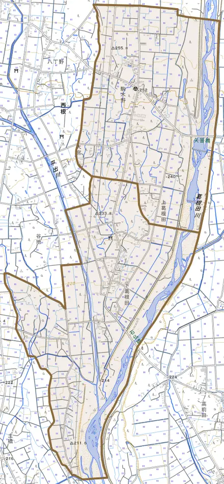 西根下駒木野とその周辺の地図。町の範囲を重ねている