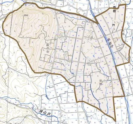 西根上葛根田とその周辺の地図。町の範囲を重ねている