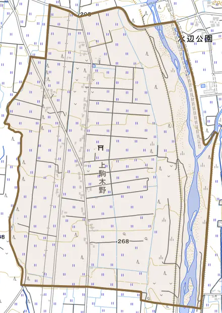 西根上駒木野とその周辺の地図。町の範囲を重ねている