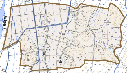 長山猿子とその周辺の地図。町の範囲を重ねている