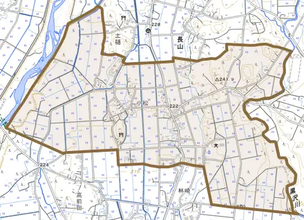 長山栗木とその周辺の地図。町の範囲を重ねている