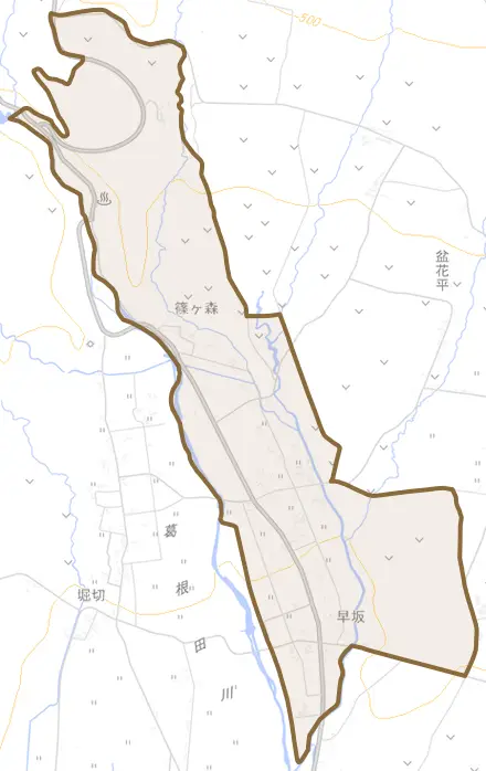 長山篠ケ森とその周辺の地図。町の範囲を重ねている